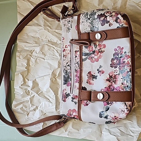 Handbag with shoulder strap. Flowers and brown, soft - Picture 1 of 7